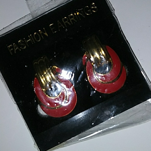 CUSTOM RED AND GOLD CLIP ON EARRINGS - Picture 2 of 2